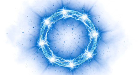 Abstract glowing blue energy number zero formed by electric sparks and light trails isolated on transparent background