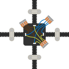 Electrical junction box with wiring and connectors. Vector technical illustration