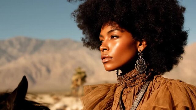 Woman with large hair portrait on horseback in desert environment