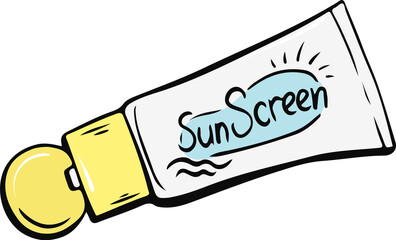 Sunscreen tube doodle illustration, SPF sun cream icon for summer vacation design