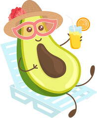 Cute summer avocado sunbathing on deck chair and drinking cocktail - summer vibes print for t-shirts, greeting cards, stickers