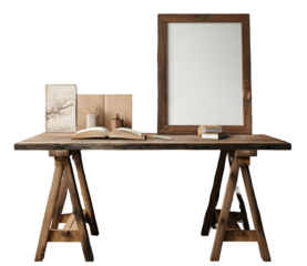 Wooden desk with picture frame, books, pencils, and decorative items on a black background