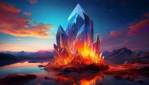 mesmerizing crystal structure illuminated by fiery hues in a surreal landscape