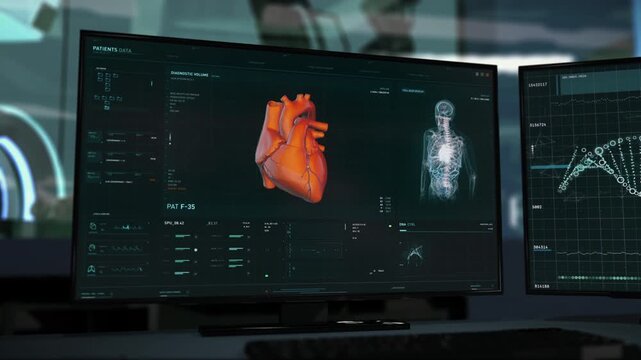 Medical examination system is used at the modern health care center. Medical system is examining the patients organs. Modern medical examination system has detected Cardiac Ischemia disease. Scanner.