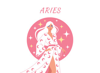 Aries zodiac sign, a vector illustration of a girl, an astrology profile depicting the sign as a beautiful woman, with elements of future telling, horoscope, alchemy, spirituality, occultism, and