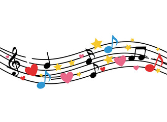 Flat vector icon featuring musical notes, stars, songs, and melodies