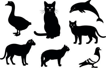 Animal silhouette collection featuring cat, dog, dolphin, goose, pigeon in black vector style for pet, wildlife, nature themes
