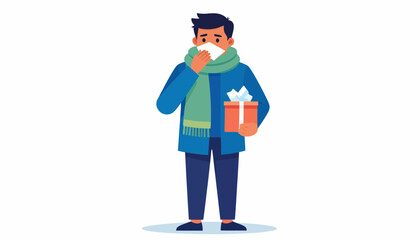Thoughtful man with a cold, holding a gift, shows care and connection during the winter season, offering comfort and warmth through thoughtful gestures