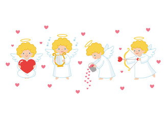 A cartoon child angel with wings and a halo, part of a cherub or Cupid set, vector illustration of Valentine's Day angels adorned with hearts