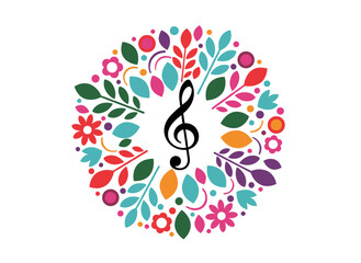 Vector icon of a music note and a floral musical key on a white background