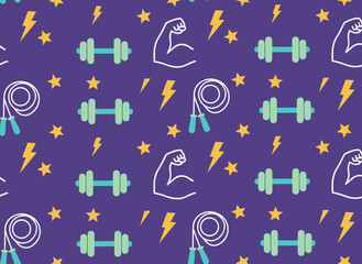 A seamless pattern of fitness and weightlifting, with workout exercises as the background