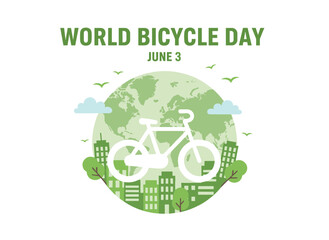 Vector illustration for World Bicycle Day: a green bicycle icon, a bike silhouette on a world map, a bicycle on Earth amid a green city, symbolizing eco‑friendly living