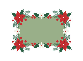 Christmas holiday frame background featuring flowers and mistletoe branches, suitable for greeting card and invitation template decoration