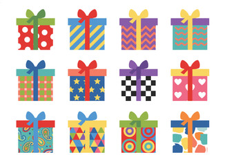 A set of holiday-themed gift box illustrations, featuring an isolated gift box icon on a white background, rendered as vector graphics with birthday, New Year, and Christmas motifs