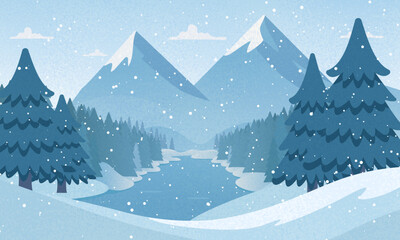Winter landscape with snowdrifts and snowy fir trees. Vector doodle style seasonal nature background. Frosty snow hills. Game art concept. Vector illustration: Cartoon Winter snowy Mountains lands