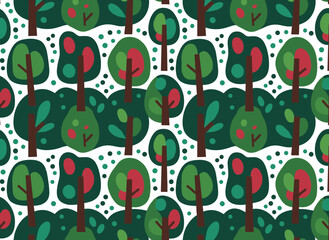A continuous green pattern featuring trees as a vector backdrop, ideal for wallpapers, pattern fills, web page backgrounds, surface textures, and textile designs, evoking parks, gardens, and forests