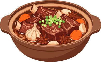 Delicious Asian Braised Beef Stew in Clay Pot Flat Vector Illustration on White Background