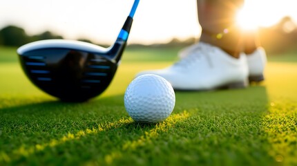 Closeup of a golf ball and driver on a green golf course with the sun setting in the background, ready for a powerful swing