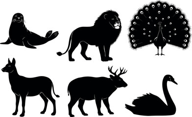 Animal Silhouettes Collection Featuring Seal, Lion, Peacock, Donkey, Moose, Swan – Wildlife Vector Icons for Nature, Zoo, Education, Design