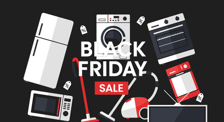 Black Friday Sale graphics with appliances fridge oven washing machine and vacuum