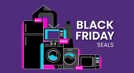 Black Friday sale graphic with major household appliances fridge TV washer for consumer promotions