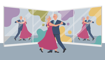 Elegant senior couple ballroom dancing in a studio reflecting an active joyful lifestyle