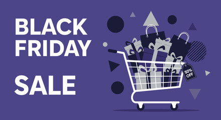 Black Friday Sale illustration Shopping cart loaded with gifts and 50 discount tag on purple