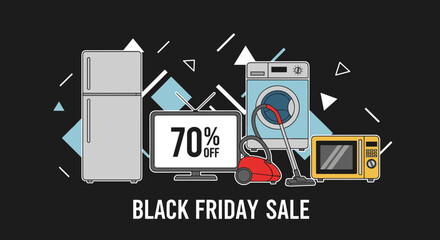 Black Friday Sale banner with major home appliances and 70 off discount illustration