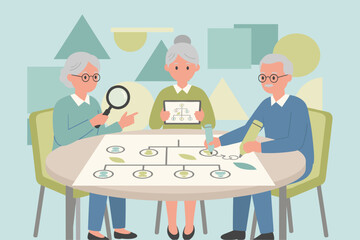 Seniors researching and charting family history representing genealogy heritage and legacy planning