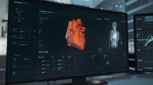 Diagnostic Examination Of Patients Heart At Hospital Cardiology Laboratory. Medical Scanner System At Diagnostic Cardiology Laboratory. Diagnostic Cardiology Laboratory Heart Analysis Equipment Ui