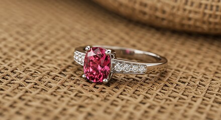 Elegant oval pink gemstone ring with diamond accents on textured background