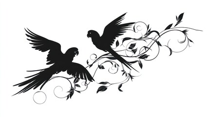 Obraz premium Silhouette of two parrots flying with floral elements on white background