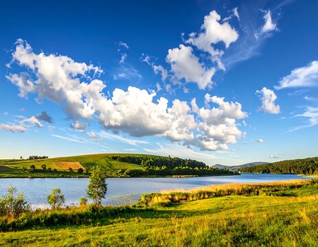 Scenic view of a serene lake surrounded by rolling green hills under a blue sky