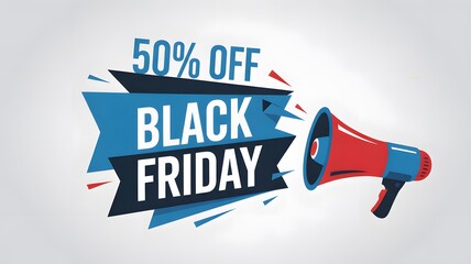 Black friday sale announcement with 50 off discount and megaphone, promoting shopping deals and special offers
