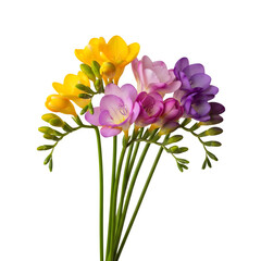 Naklejka premium Cheerful freesia blossoms in yellow, pink, and purple hues bloom, perfect for spring designs, events, or romantic celebration themes