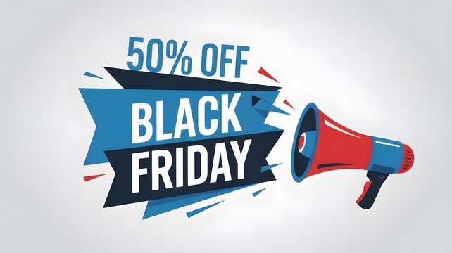 Black friday sale announcement with 50 off discount and megaphone, promoting shopping deals and special offers