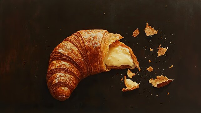 A single croissant torn open revealing buttery layers, placed on a dark brown background, crumbs 