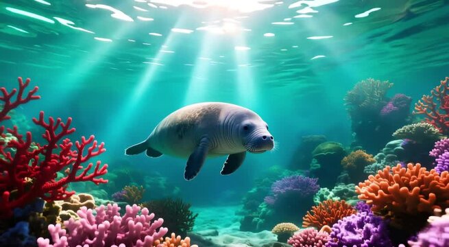 Un manatí solitario nadando serenamente junto a un jardín de coral 