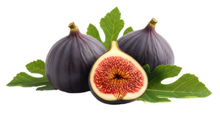 Fresh figs with leaves isolated on transparent background, a healthy and tasty snack
