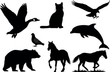 Silhouette set of wild, domestic, aquatic, and flying animals in black isolated style for nature, wildlife, and pet themes