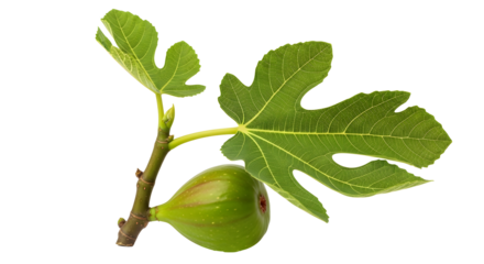 Fresh green fig with leaf isolated on transparent background, healthy fruit