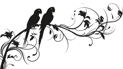Silhouette of two parrots perched on a decorative branch with leaves