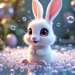Fluffy white bunny surrounded by bubbles, exuding joy and innocence in a magical scene