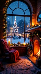 A serene winter evening by a glowing fireplace overlooking a festive snowy scene