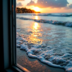 At Dusk Waves Caress The Shore As Sunlight Dances Over The Tranquil Waters