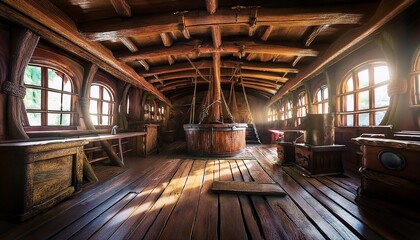 a worn pirate ship interior with weathered wooden beams and broken timbers allowing shafts of light