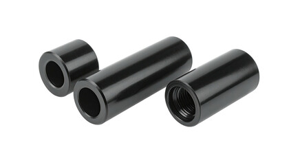 Fototapeta premium Three glossy black metal cylinders, one threaded, isolated on black