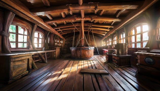 a worn pirate ship interior with weathered wooden beams and broken timbers allowing shafts of light