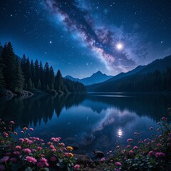 A breathtaking night landscape with stars and flowers reflected in a calm lake