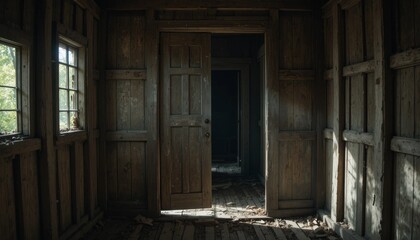 A mysterious abandoned room with sunlight illuminating dust and decay inside